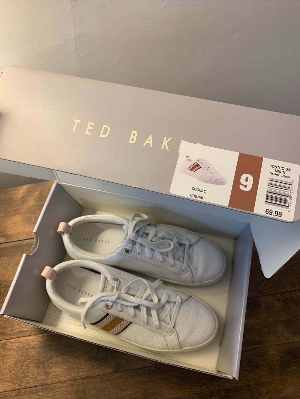 Ted Baker White Leather Sneakers with Pink and Black Stripe
